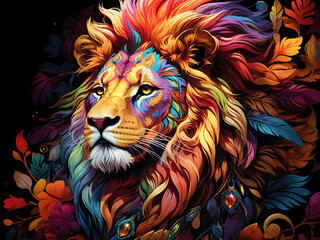 Lion, the head of a lion in a multi-colored flame a black background.