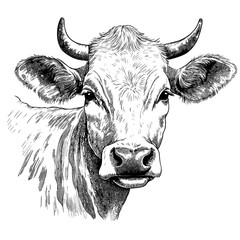 Cow head, domestic bull portrait with horns, farm livestock, sketch ink illustration, black and white engraving drawing, png created with generative AI