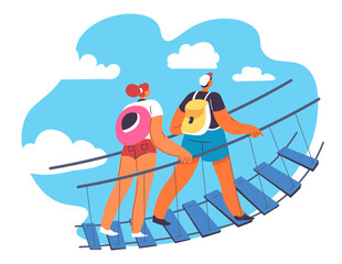 People passing wooden hanging bridge in tropics