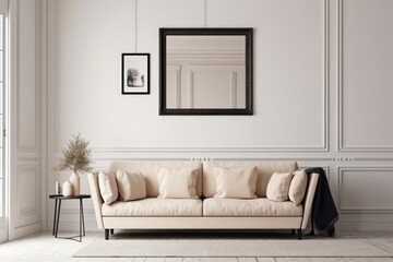 A bright and airy living room features a comfortable white couch and natural light streaming through the window for a peaceful and relaxing space. AI Generative.