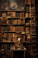 A Wall Full of Old Ancient and Antique Books in a Library, Historical Books, Manuscripts, and Scrolls, Generative AI