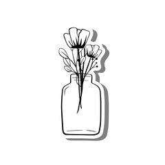 Black line doodle Flowers in Bottle on white silhouette and gray shadow. Hand drawn cartoon style. Vector illustration for decorate and any design.