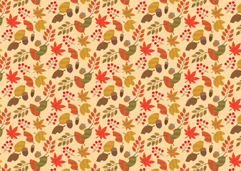 秋の葉っぱと木の実の シームレスパターン 背景/黄色