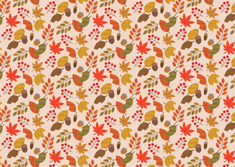 秋の葉っぱと木の実の シームレスパターン 背景/ベージュ