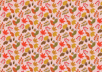 秋の葉っぱと木の実の シームレスパターン 背景/くすみピンク