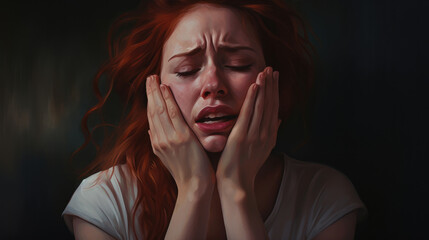 Grimacing in pain and crying as she holds her hand to her temple