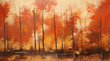 Autumn Forest Painting, Autumn Season, Autumnal Forest, Abstract Vintage Japanese Lacquer Painting, Generative AI