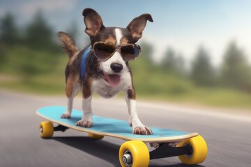 chihuahua puppy wearing sunglasses playing with skateboard