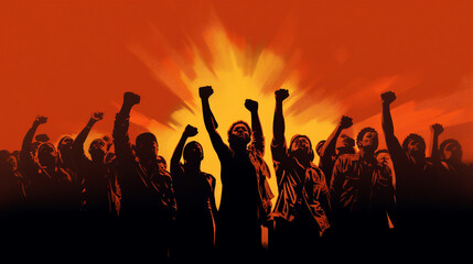 Fototapeta premium Silhouetted Men and Women Holding Fists in the Air, Representing Solidarity, Painting, Generative AI