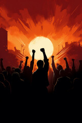 Silhouetted Men and Women Holding Fists in the Air, Representing Solidarity, Painting, Generative AI