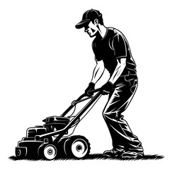 Black Clip Art of a Man Using a Push Mower, Generative AI