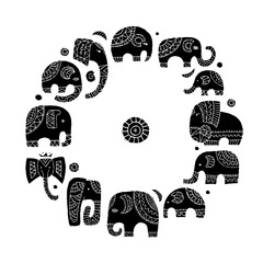 Elephant family, circle frame for your design. Ethnic ornament - 629094663