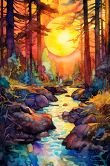 Fototapeta premium A Vibrant Landscape, Watercolor Painting Style Landscape, Otherworldly and Alien, Generative AI