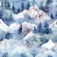 Watercolor Mountains Seamless Tile Pattern, Generative AI