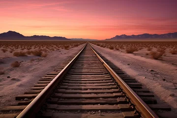 Crédence de cuisine en verre imprimé Chemin de fer Travel concept. Railroad track with beautiful desert landscape. Mountain view at classic sunset background. Transportation and sky