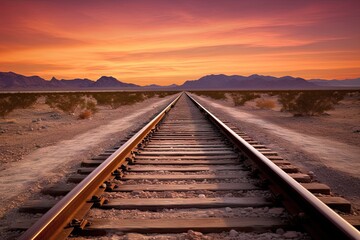 Travel concept. Railroad track with beautiful desert landscape. Mountain view at classic sunset background. Transportation and sky - Powered by Adobe