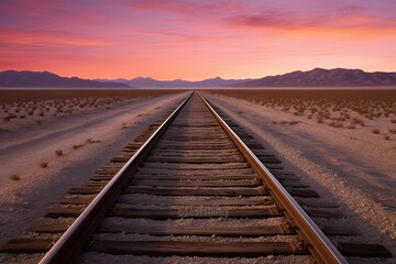 Fototapeta na wymiar Travel concept. Railroad track with beautiful desert landscape. Mountain view at classic sunset background. Transportation and sky