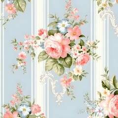 Elegant Floral Pattern with Pink and White Roses on a Blue Striped Background