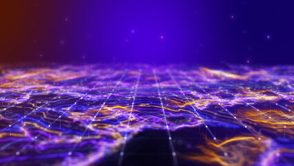 Futuristic flying over 3D glowing neon light connecting dot digital landscape background.