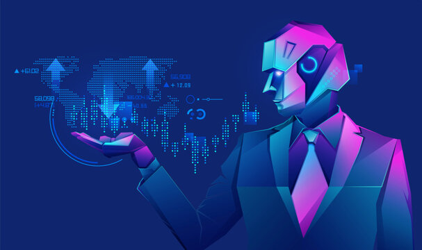 concept of robot trading technology, graphic of robot businessman using fintech interface presented in cyberpunk character style