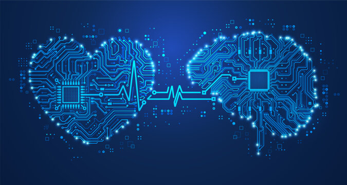 concept of connection between mind and intellect or deep learning, graphic of cyber heart and brain with futuristic element