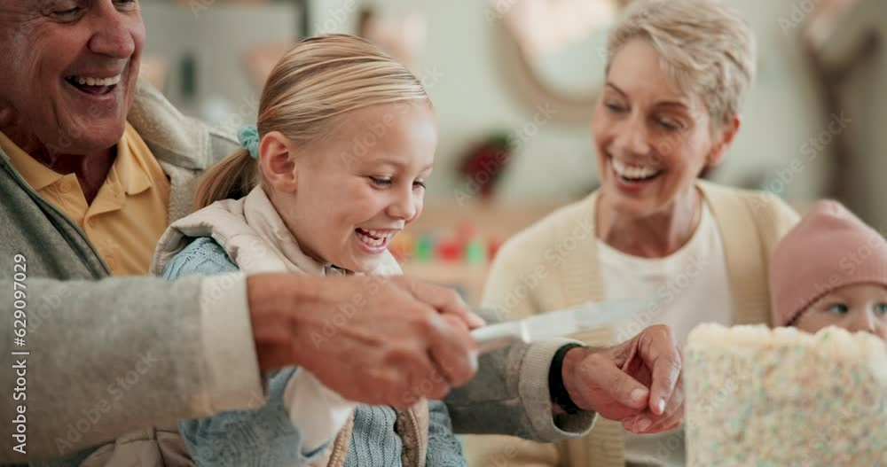 Sticker Child, birthday cake and excited to celebrate with family together to cut into dessert with help. Party, surprise or social gathering with people, grandparents and happy kids at table for fun at home