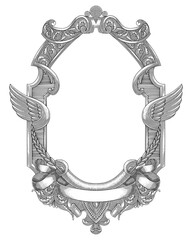Obraz premium antique frame with wings, floral ornament and banner, vintage engraving drawing style illustration 