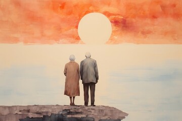 夕焼けを見る高齢者夫婦,Generative AI AI画像
