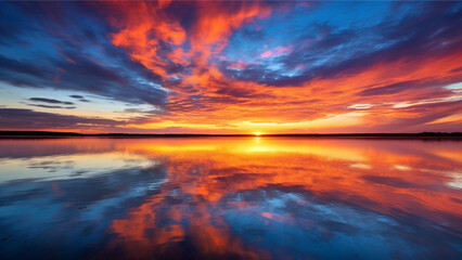 Reflection of a sunset on a calm body of water