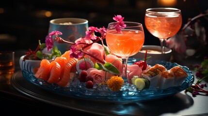 Photo of a delicious assorted platter of sushi paired with a glass of fine wine created with Generative AI technology
