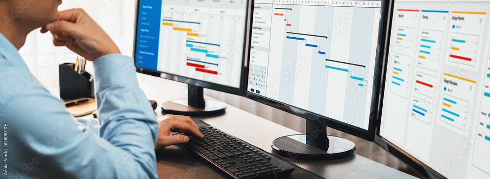Poster project manager planning schedules for business task on office using gantt chart software display on
