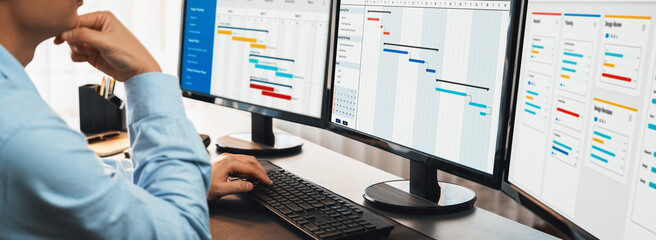 Project manager planning schedules for business task on office using gantt chart software display...
