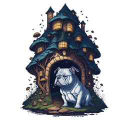 Fototapeta na wymiar castle in the night house front sitting a cute bulldog