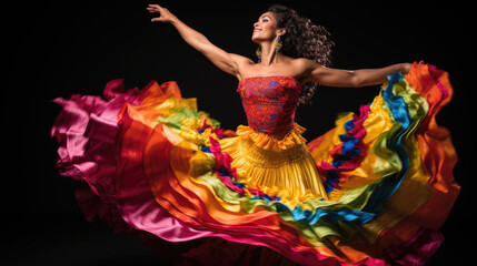 Colombian Salsa Extravaganza: Colorful Display of Woman Dancers' Passionate Dance Moves and Rhythmic Performances in a Vibrant Celebration of Latin Culture.

