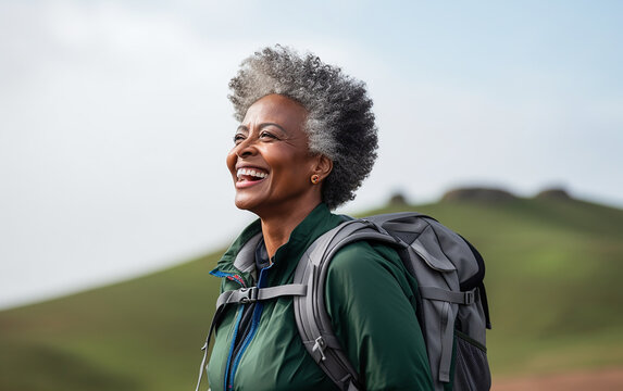 Black african american dark-skinned happy senior woman hiking outdoors. Fitness walking and forest travel journey. Active senior person concept