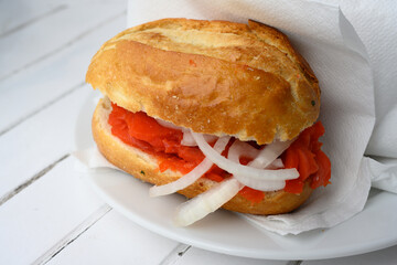 Fischbrotchen or Fish Sandwich with Saithe Smoked Salmon Substitute or Lachsersatz made from Pollack