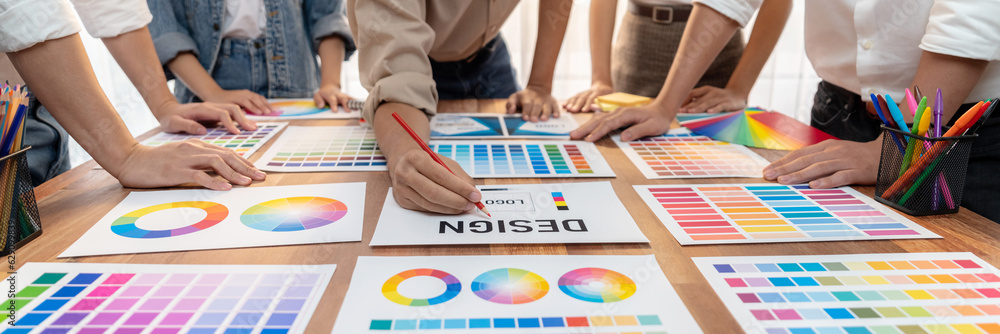 Poster graphic designer brainstorm logo and graphic art at busy creative studio workshop. experiment and br