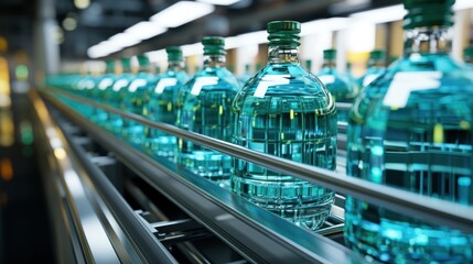 Conveyor belt with juice bottles on beverage factory interior in blue color.