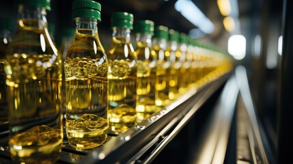 Conveyor belt for juice bottles inside a beverage factory
