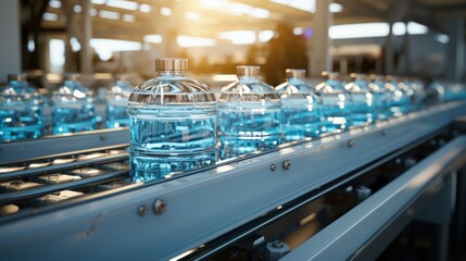 Fototapeta premium Conveyor belt with juice bottles on beverage factory interior in blue color.