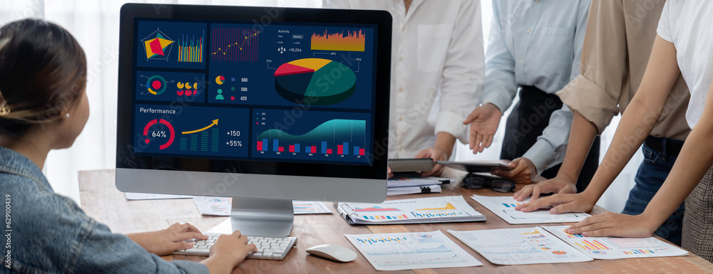Poster panorama shot analyst team utilizing bi fintech to analyze financial report with laptop. businesspeo