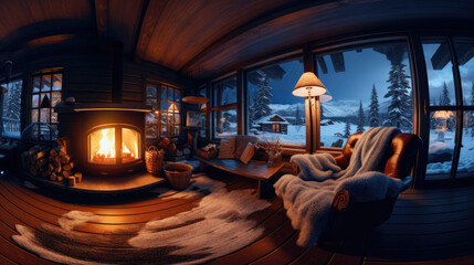 Nordic Coziness: Relaxing in a Norwegian Wood Cabin with Fireplace as Night Falls.