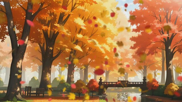 Park in autumn landscape with sparkling water and falling leaves . Cartoon or Japanese anime watercolor painting illustration style. seamless looping 4K time-lapse virtual video animation background.