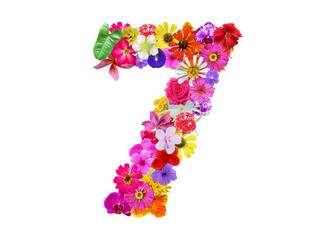 The shape of the number 7 is made of various kinds of flowers petals isolated on transparent background. suitable for birthday, anniversary and memorial day templates