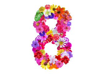 The shape of the number 8 is made of various kinds of flowers petals isolated on transparent background. suitable for birthday, anniversary and memorial day templates