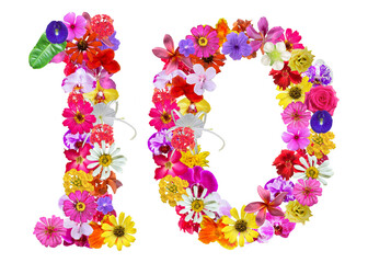 The shape of the number 10 is made of various kinds of flowers petals isolated on transparent background. suitable for birthday, anniversary and memorial day templates