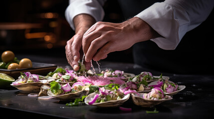 Sensory Fiesta: Mexican Chef's Vibrant Oyster Ceviche Marinated in Zesty Lime Juice, Jalapeños, Avocado, and Cilantro Leaves - A Culinary Artistry of Fresh Flavors.

 - obrazy, fototapety, plakaty