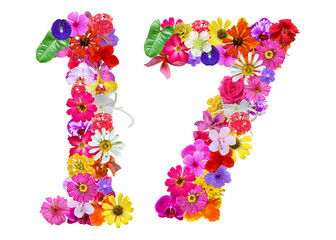 The shape of the number 17 is made of various kinds of flowers petals isolated on transparent background. suitable for birthday, anniversary and memorial day templates