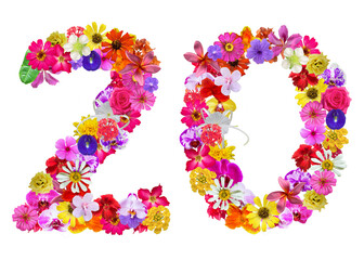 The shape of the number 20 is made of various kinds of flowers petals isolated on transparent background. suitable for birthday, anniversary and memorial day templates