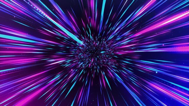 4K Hyperdrive High Speed Flying Lines Light Speed Tunnel Background. Sci-fi Digital Footage Electric Move of Dynamic Streaks in Dark Backdrop. Neon Glowing Rays of Hyperspace in Time Travel